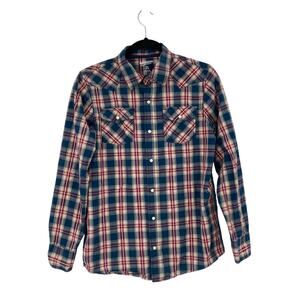 Arizona Jean Co Plaid Pearl Snap Blue Red Western Rockabilly Youth 2XL 18